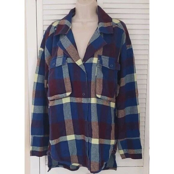 NEW WE THE FREE IZZIE PLAID FLANNEL CARGO SHIRT SHACKET BLUE YELLOW WINE SZ M - Picture 4 of 10